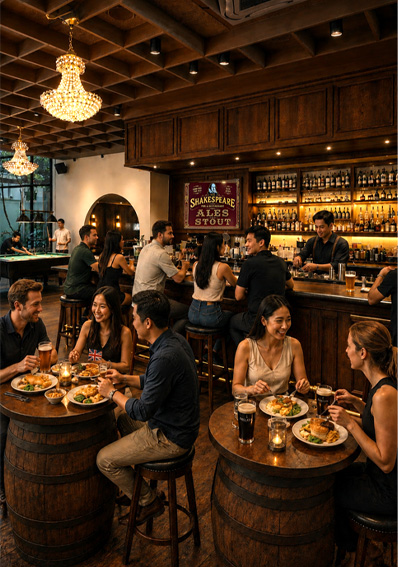 The Shakespeare pub interior with barrel tables